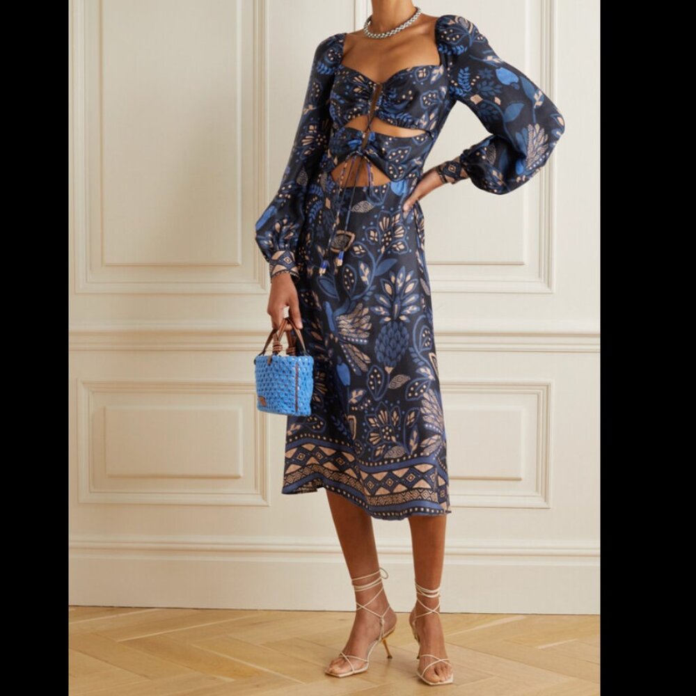 FARM Rio Navy and Light Blue Floral Cutout Long Sleeve Midi Dress